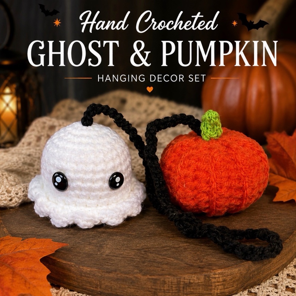 Hand Crocheted Ghost & Pumpkin Hanging Decor Set Halloween Amigurum